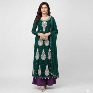 Women's Pakistani Indian 3-Piece Palazzo Kameez Outfit Set, Green/Purple, Medium